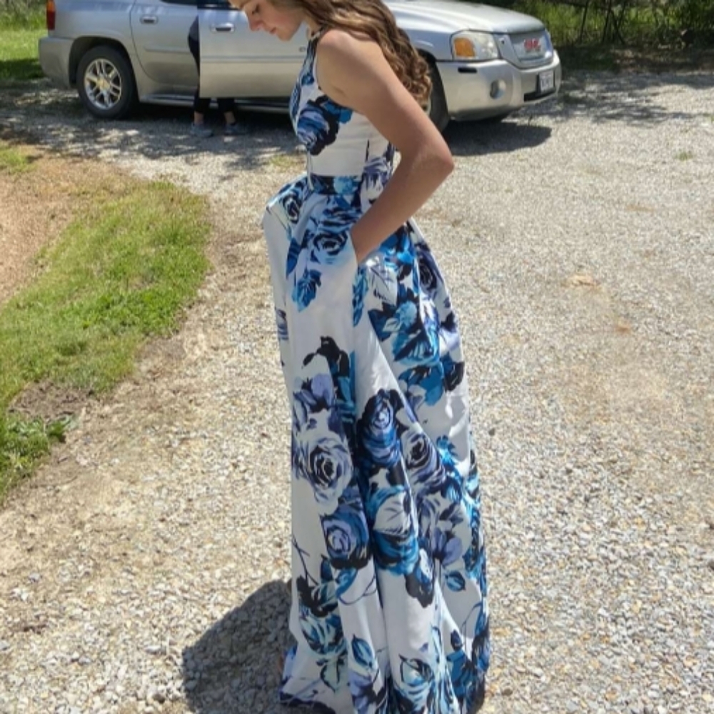 Prom/ brides maid dress, blue flower  pocketed dress